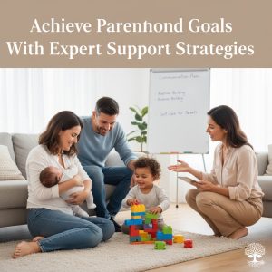 Babytree Surrogacy shows a happy family learning parenting skills together, supported by an expert for real-life guidance.