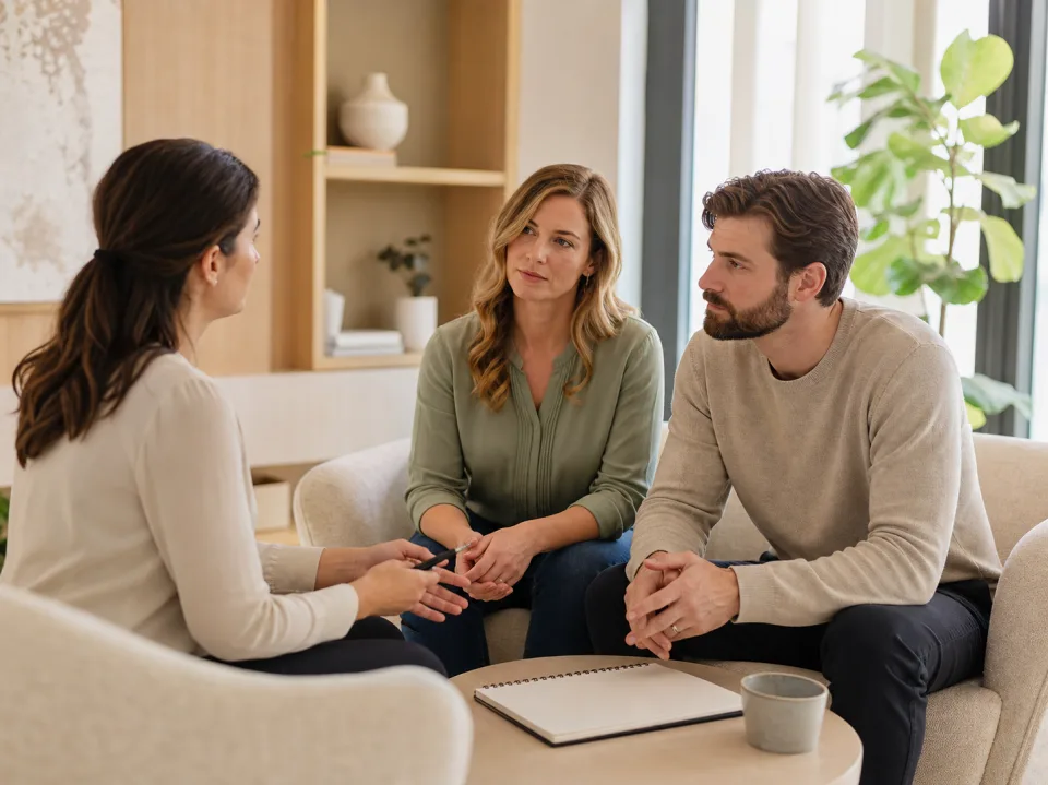 Intended parents discussing a donated embryo journey with a coordinator