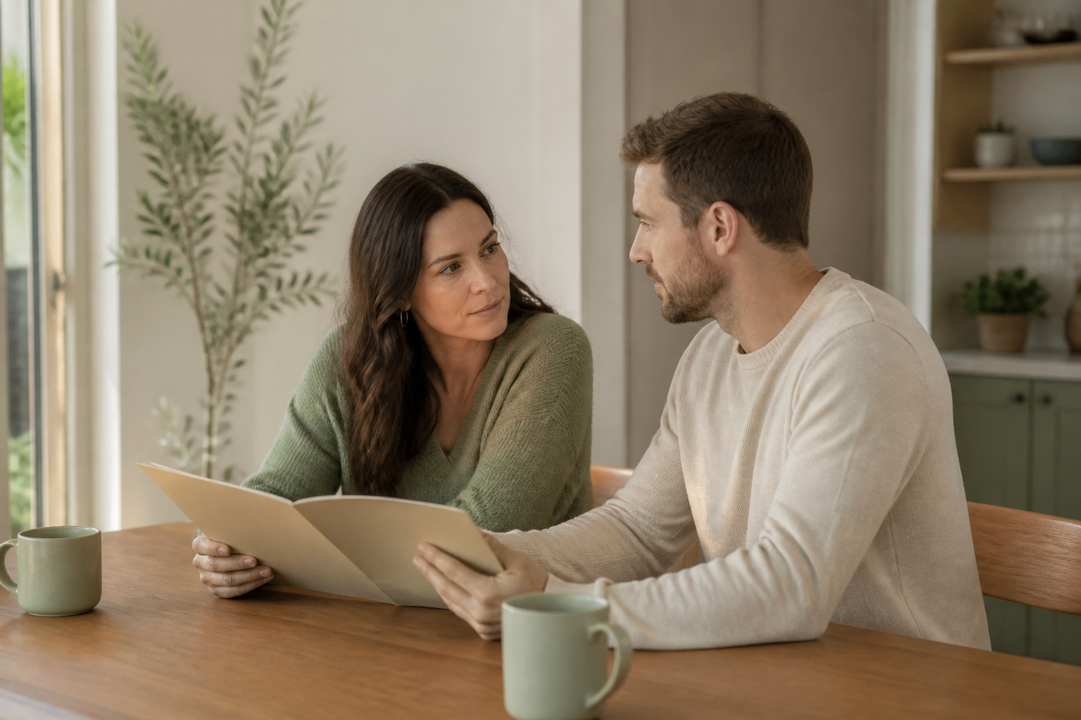 Couple having a thoughtful conversation about embryo donation preferences