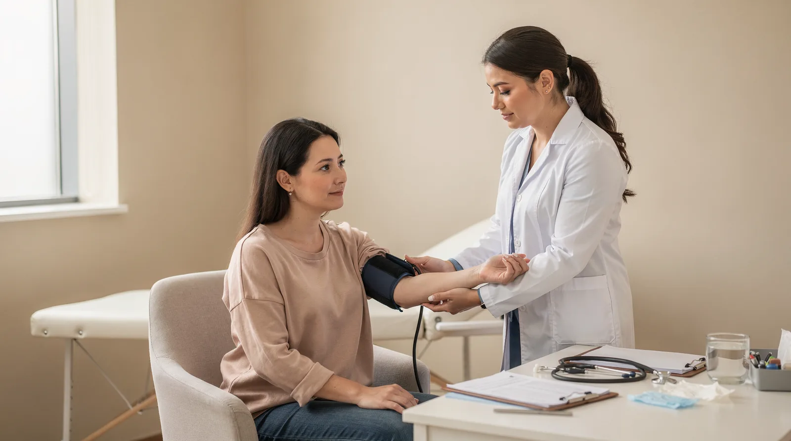A clinician performs a health screening as part of surrogacy medical evaluation