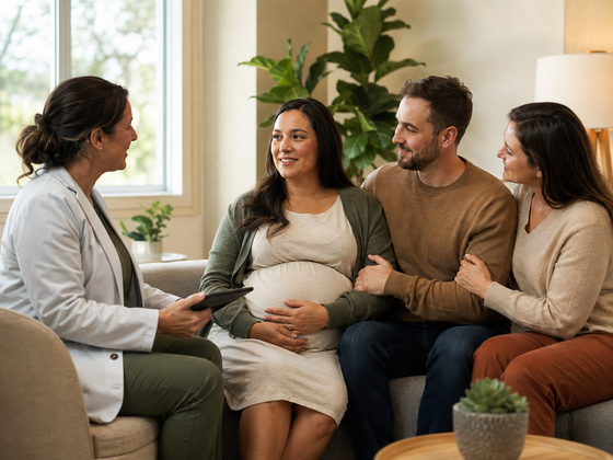 Expectant surrogate meeting with her support team