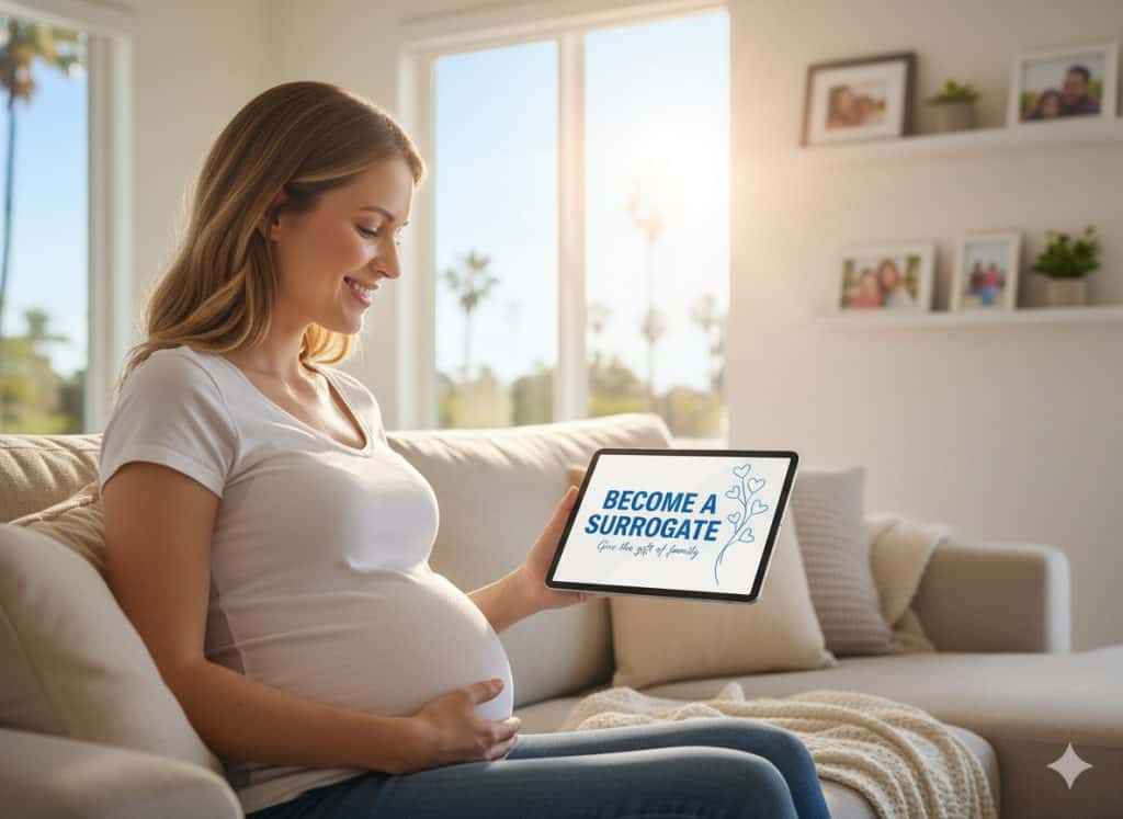 A happy pregnant woman promotes Babytree Surrogacy on her tablet, encouraging others to learn about becoming a surrogate. babytree