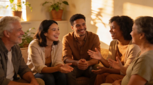 Five people sit together, smiling and talking about surrogacy after tubal ligation, showing support with Babytree Surrogacy. babytree